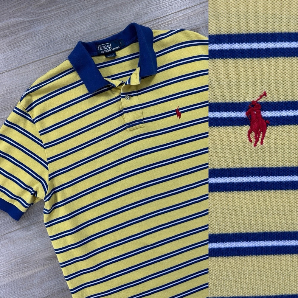 Polo Ralph Lauren‎ Large Mesh Polo Shirt Blue Yellow Striped Short Sleeve Cotton